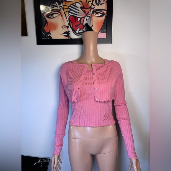 Blumarine Twin Knit Long Sleeve Sweater Tank Set in Bubblegum Pink Wool cardigan